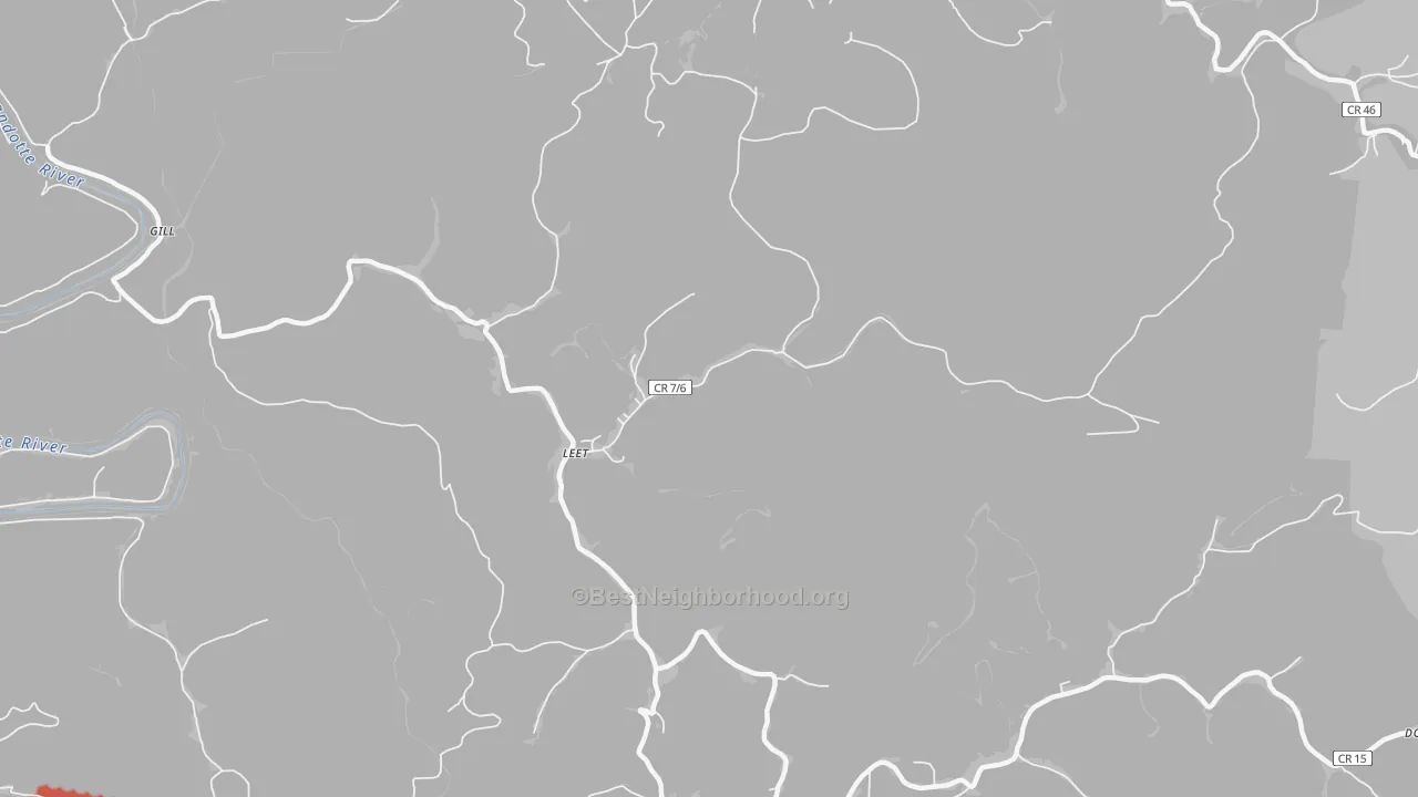 Walk Grade map of Leet, WV, walkable areas in green and car-dependent areas in red