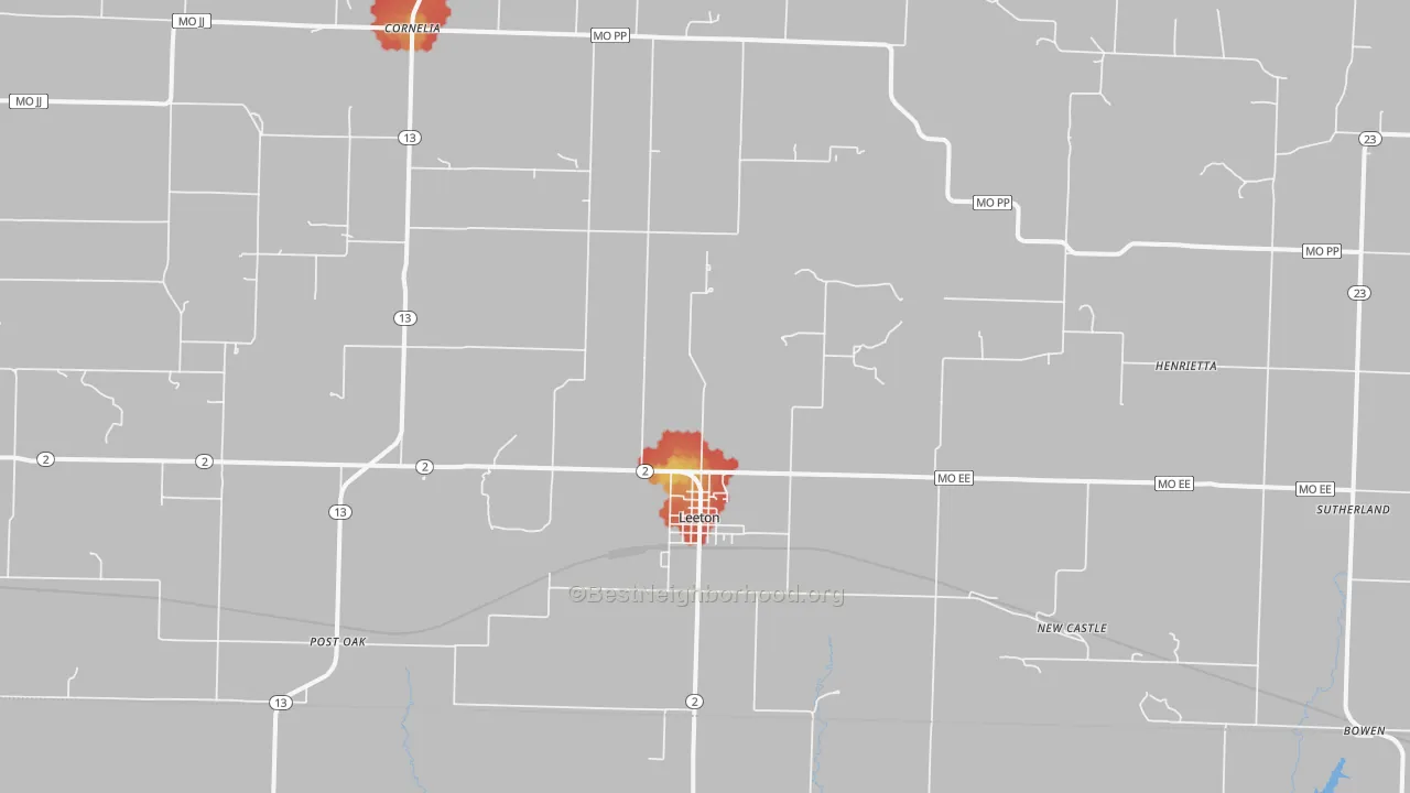 Walk Grade map of Leeton, MO, walkable areas in green and car-dependent areas in red