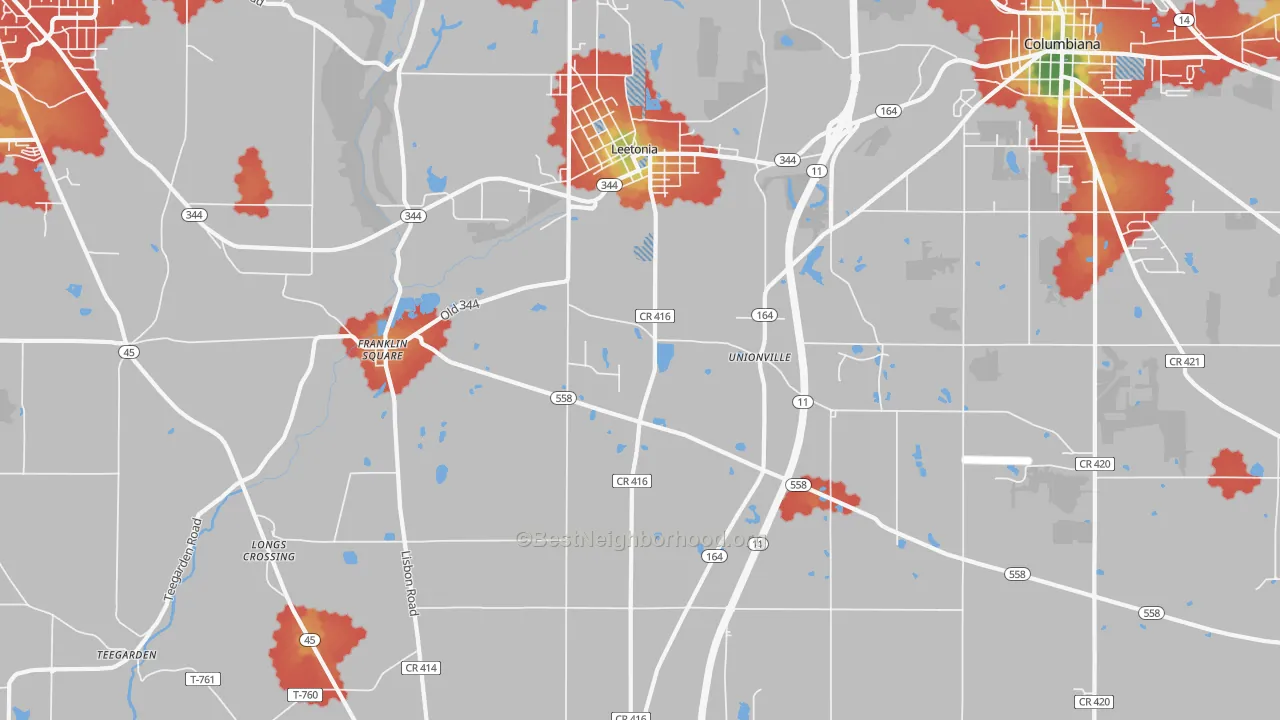 Walk Grade map of Leetonia, OH, walkable areas in green and car-dependent areas in red