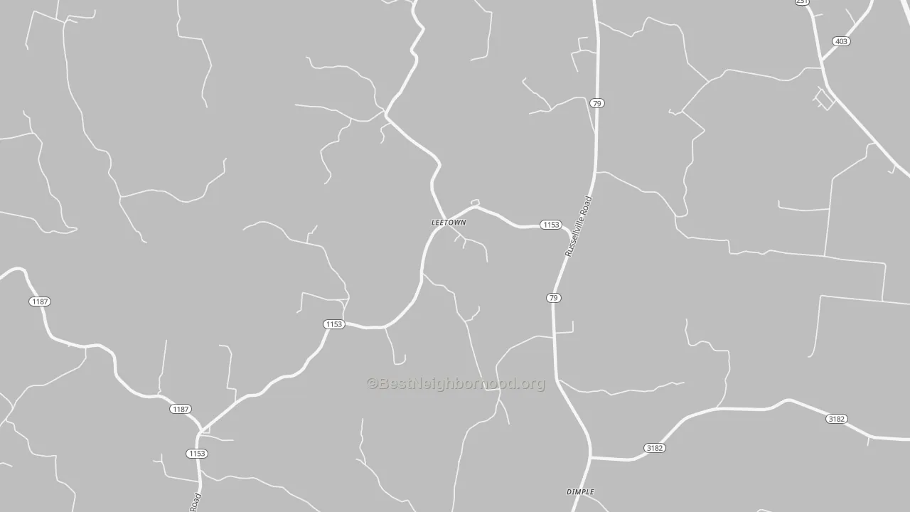 Walk Grade map of Leetown, KY, walkable areas in green and car-dependent areas in red