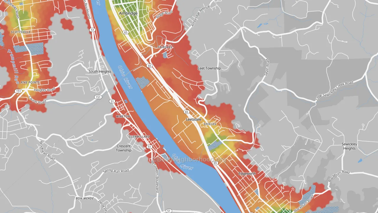 Walk Grade map of Leetsdale, PA, walkable areas in green and car-dependent areas in red