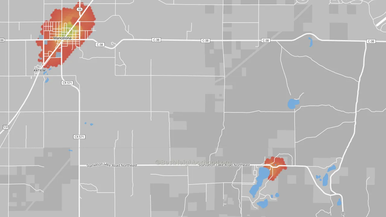 Walk Grade map of Leetsville, MI, walkable areas in green and car-dependent areas in red