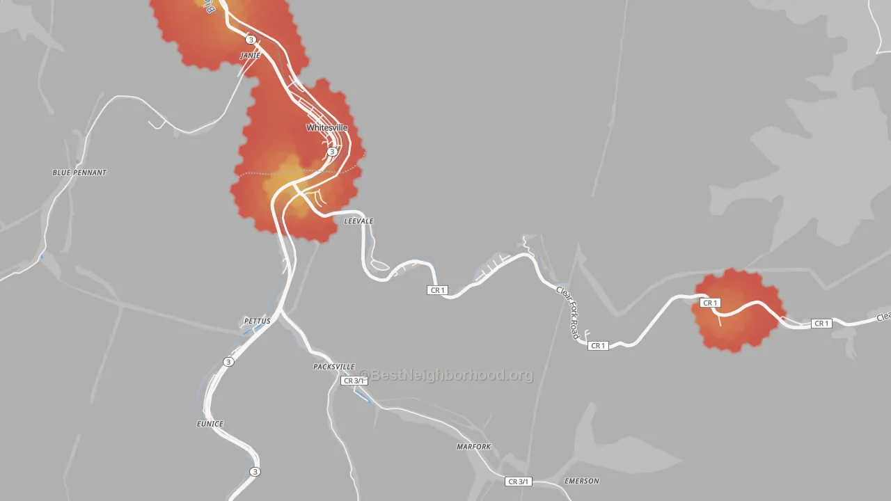 Walk Grade map of Leevale, WV, walkable areas in green and car-dependent areas in red