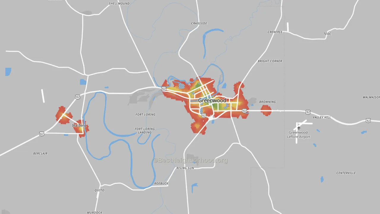 Walk Grade map of Leflore County, MS, walkable areas in green and car-dependent areas in red