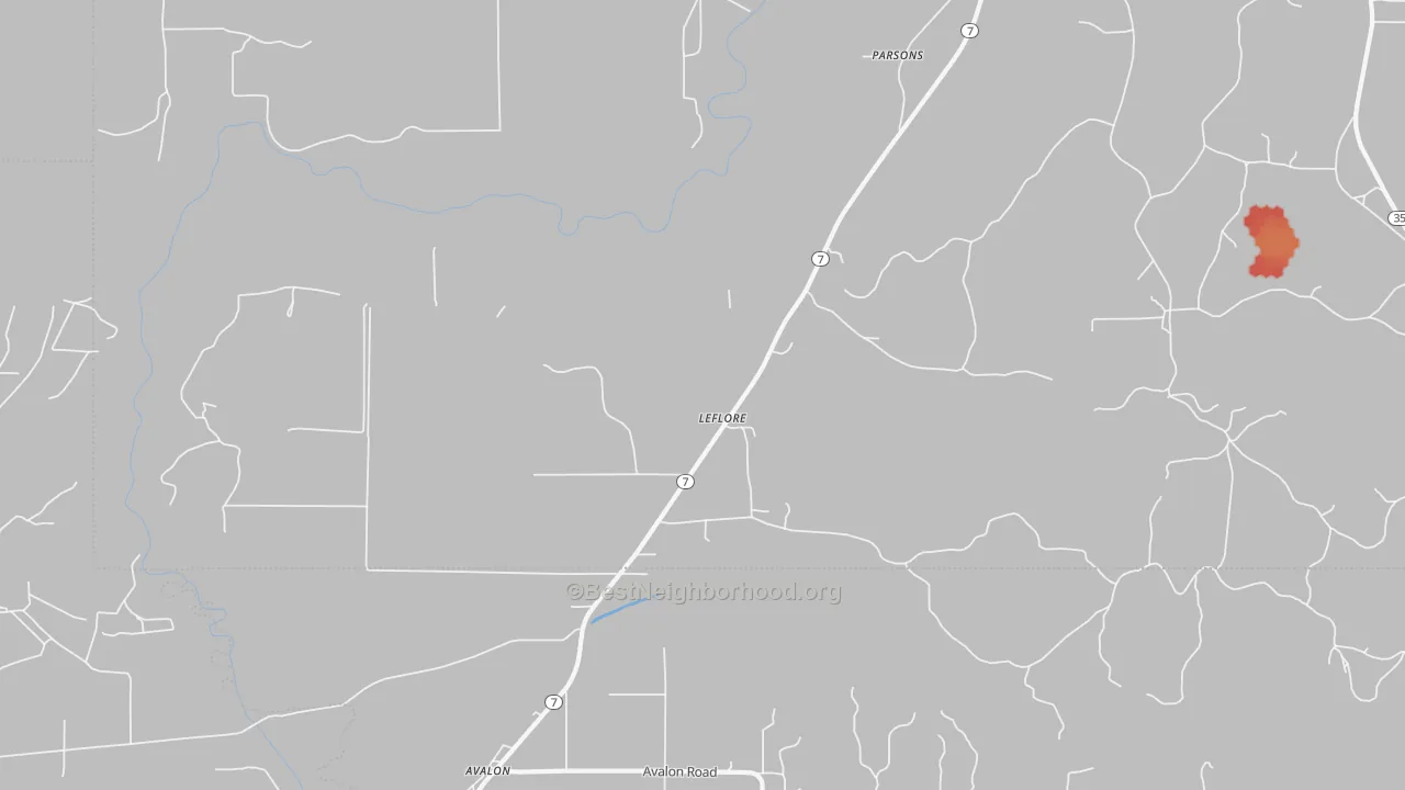 Walk Grade map of Leflore, MS, walkable areas in green and car-dependent areas in red