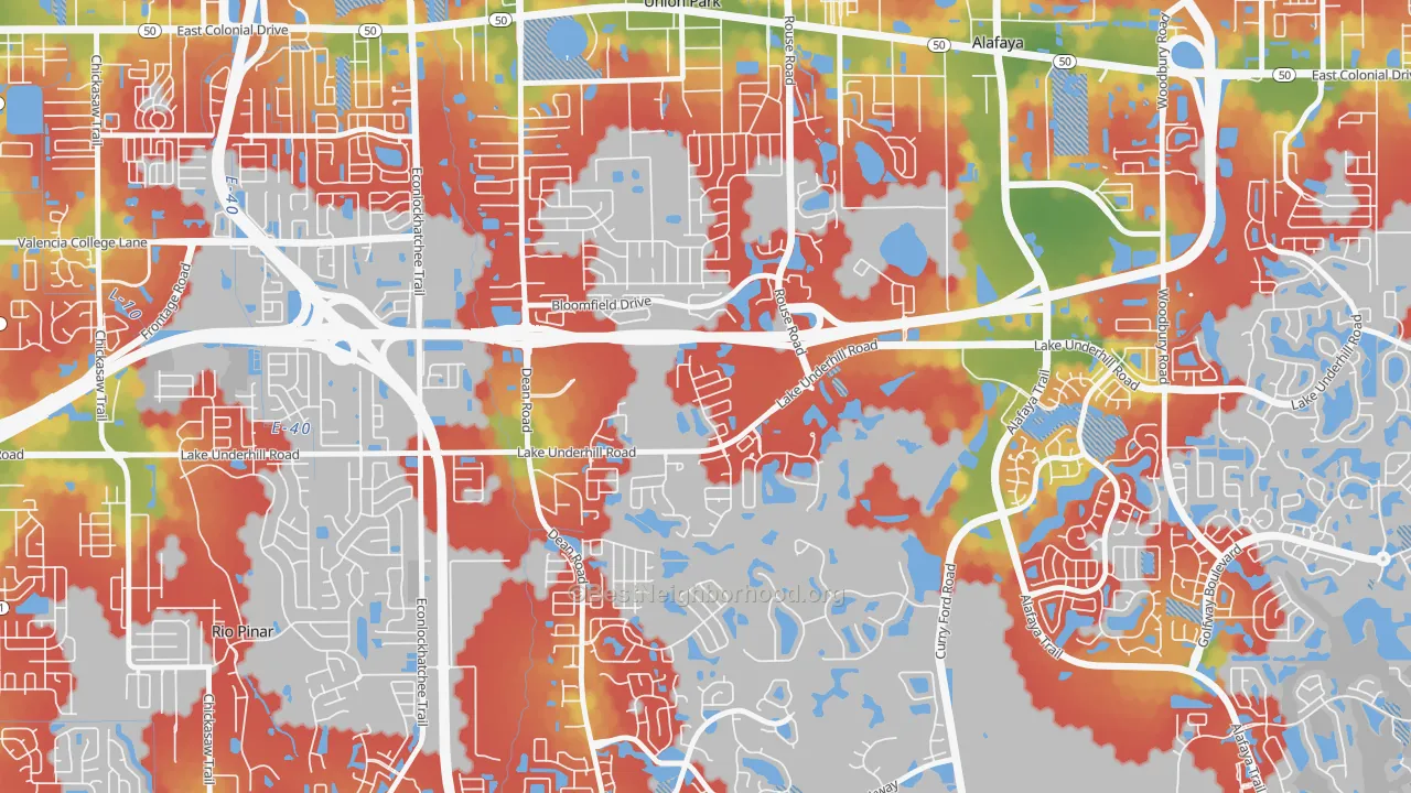 Walk Grade map of Legacy Place, Alafaya, FL, walkable areas in green and car-dependent areas in red