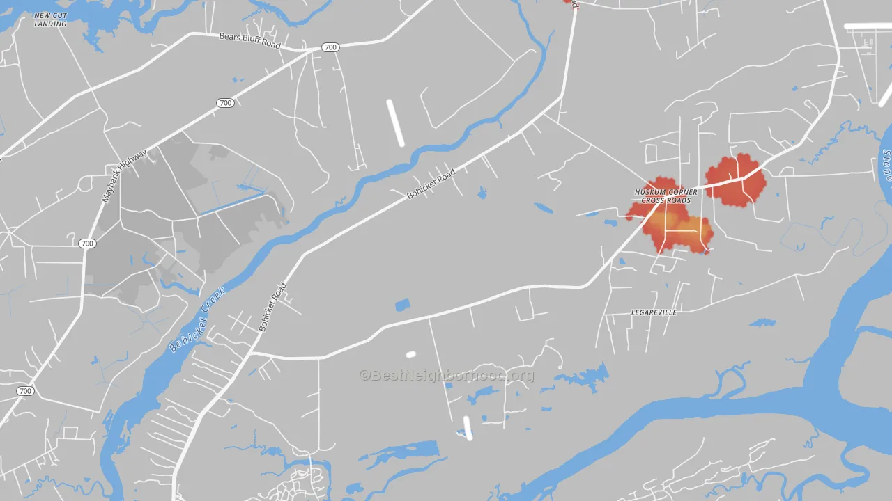 Walk Grade map of Legareville, SC, walkable areas in green and car-dependent areas in red