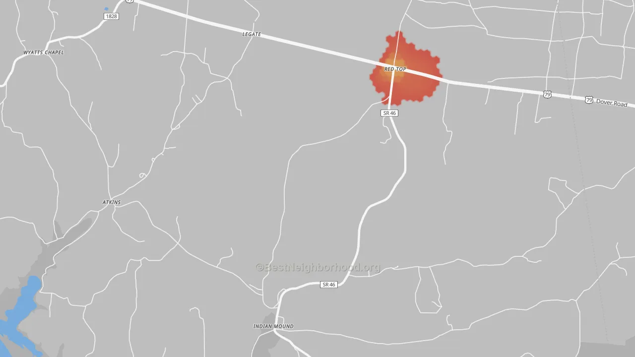 Walk Grade map of Legate, TN, walkable areas in green and car-dependent areas in red