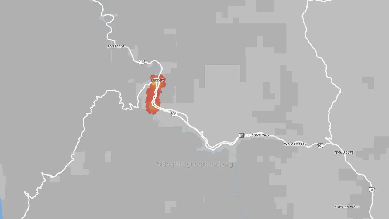 Walk Grade map of Leggett, CA, walkable areas in green and car-dependent areas in red
