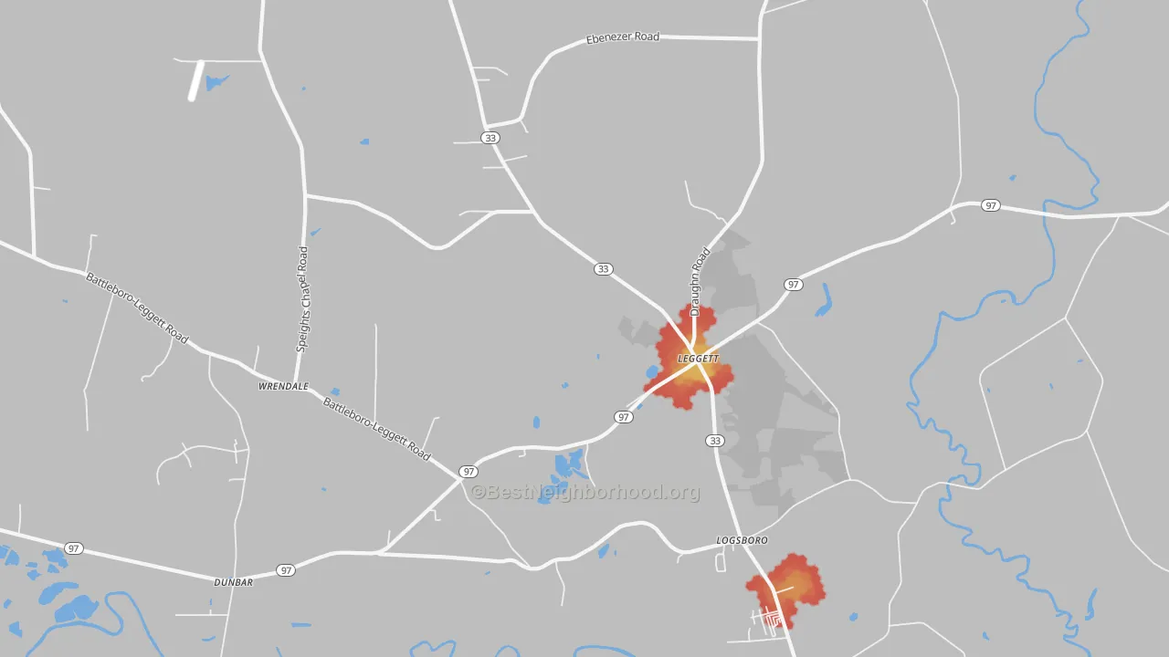 Walk Grade map of Leggett, NC, walkable areas in green and car-dependent areas in red