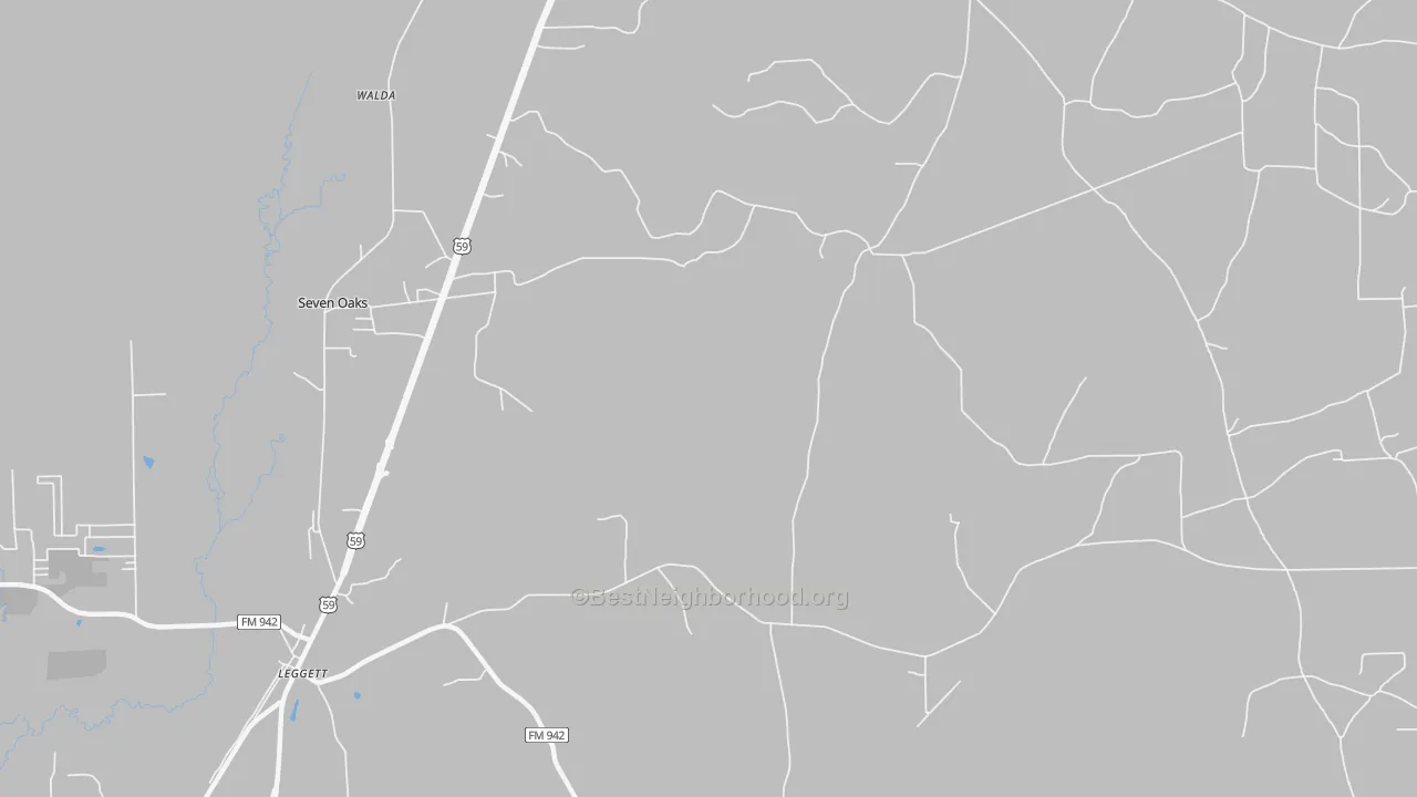 Walk Grade map of Leggett, TX, walkable areas in green and car-dependent areas in red