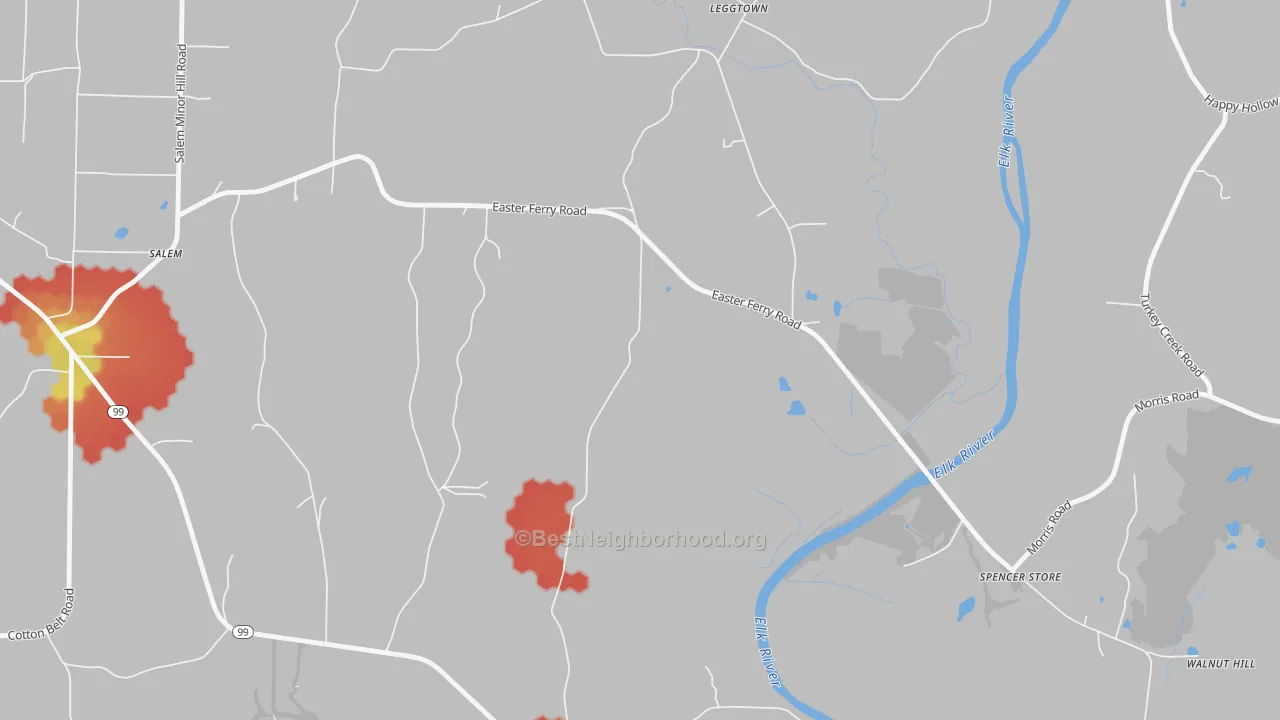 Walk Grade map of Leggtown, AL, walkable areas in green and car-dependent areas in red