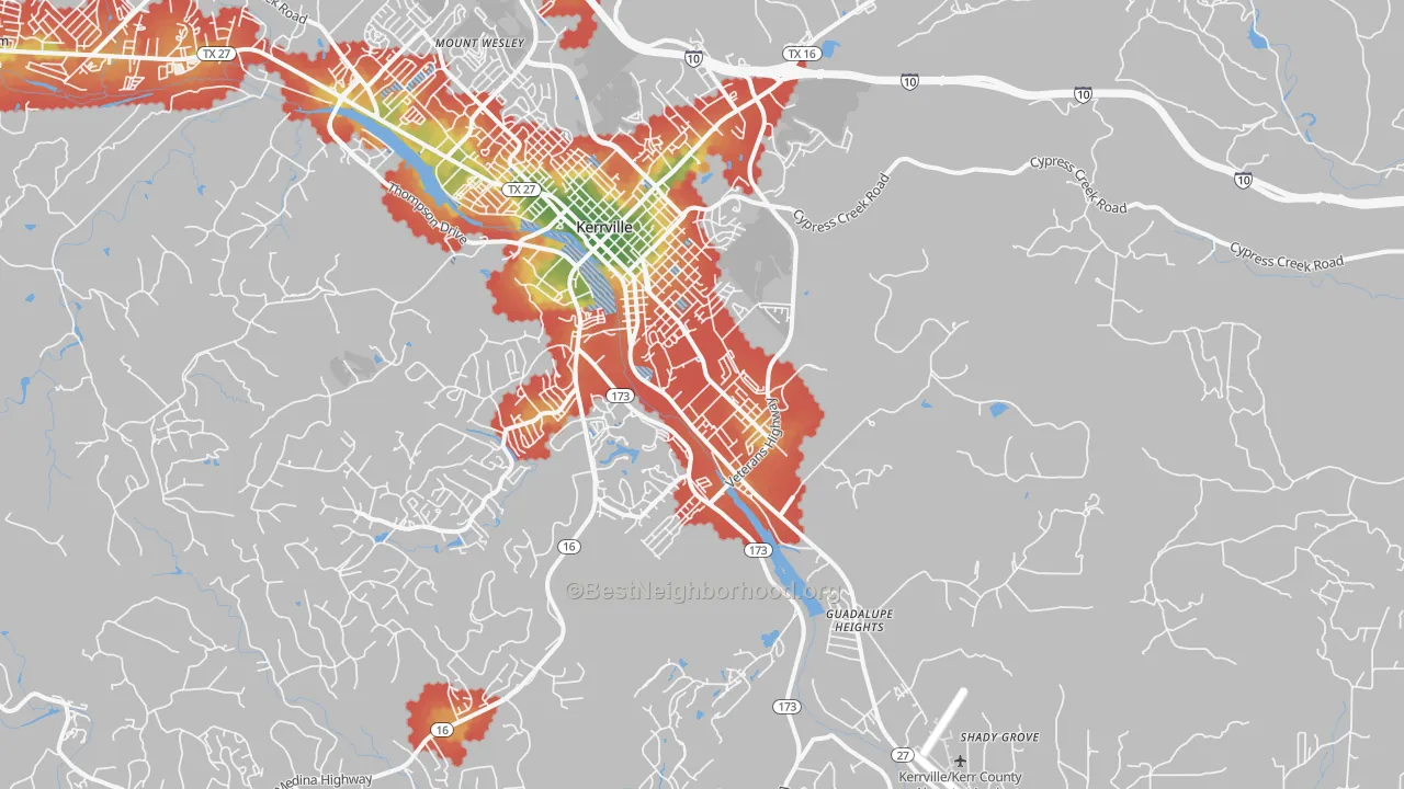 Walk Grade map of Legion, TX, walkable areas in green and car-dependent areas in red