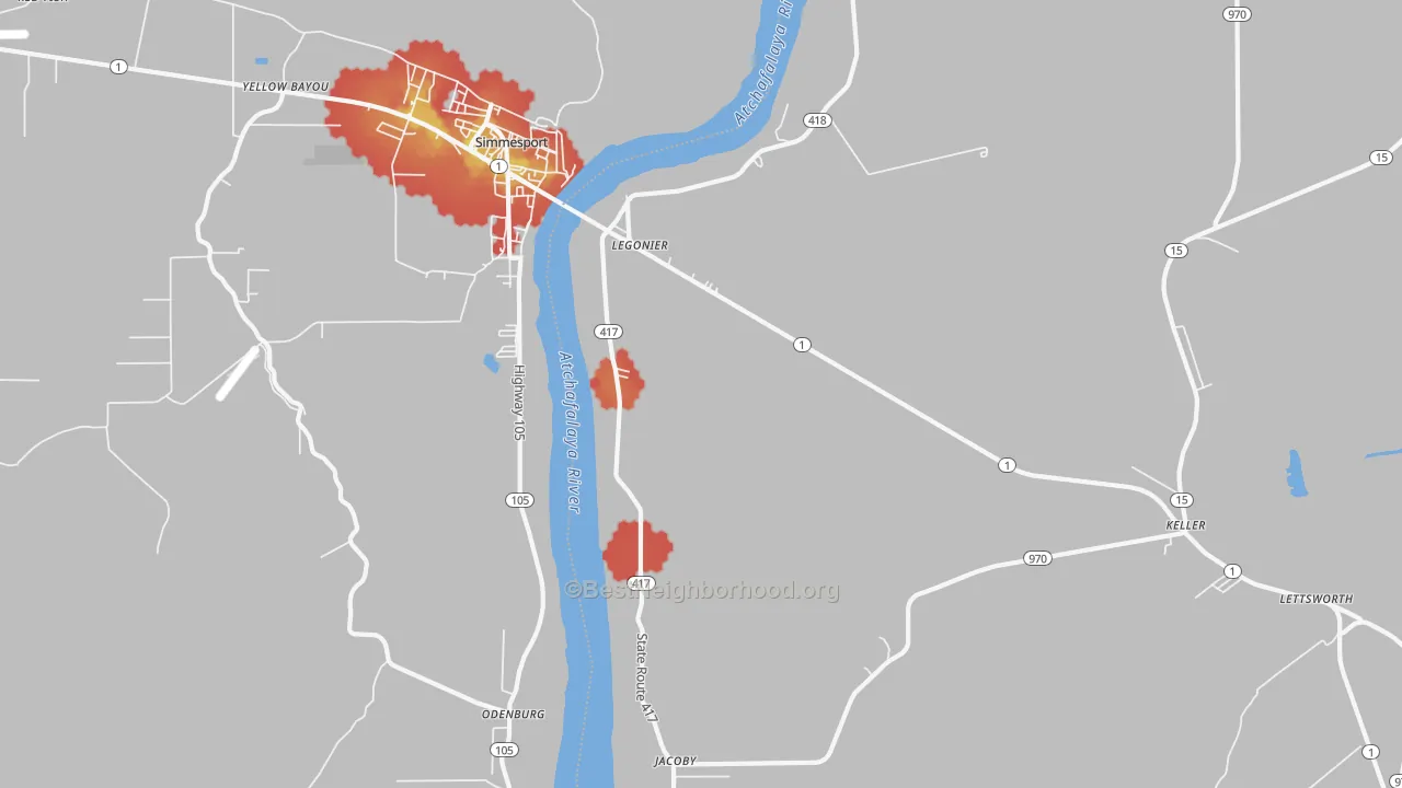 Walk Grade map of Legonier, LA, walkable areas in green and car-dependent areas in red