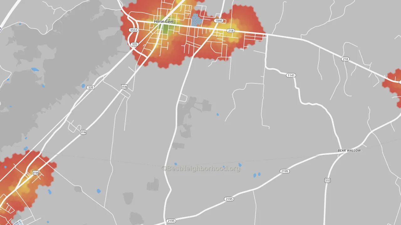 Walk Grade map of LeGrande, KY, walkable areas in green and car-dependent areas in red