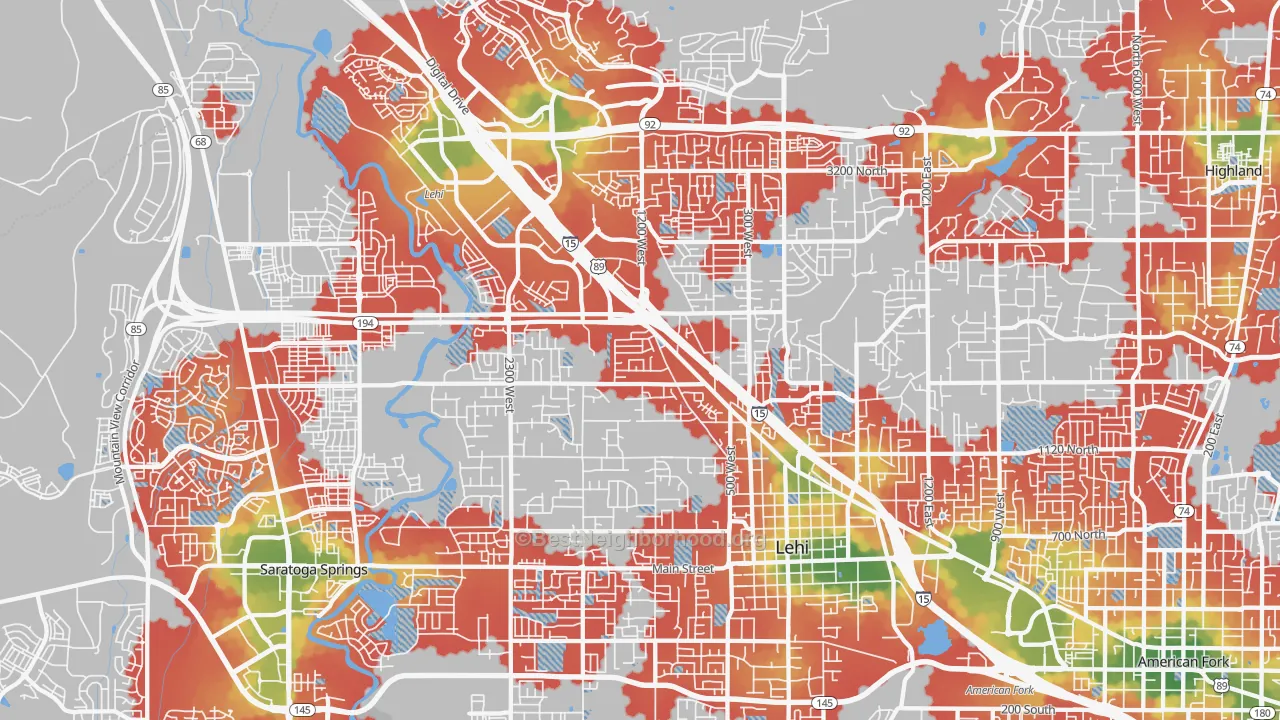 Walk Grade map of Lehi, UT, walkable areas in green and car-dependent areas in red