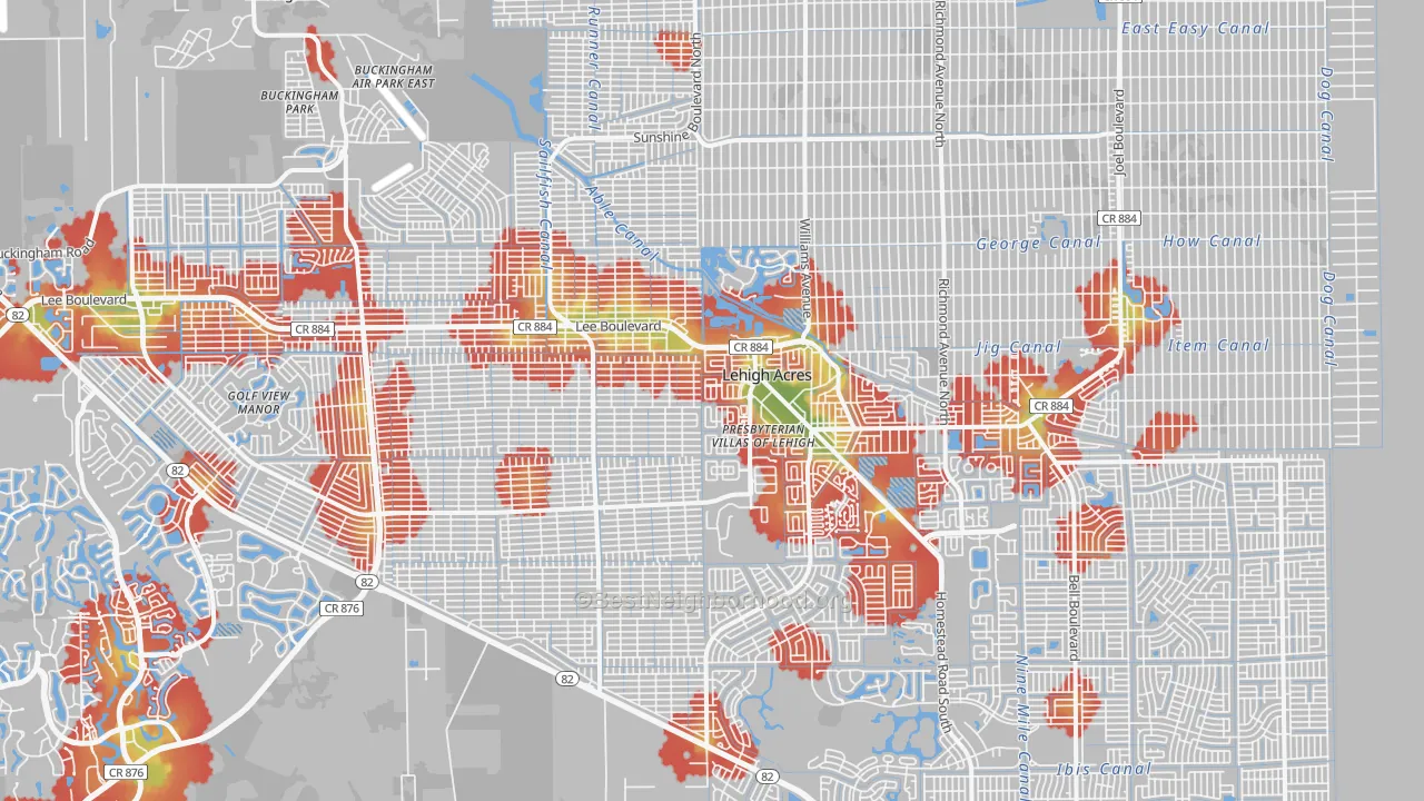 Walk Grade map of Lehigh Acres, FL, walkable areas in green and car-dependent areas in red