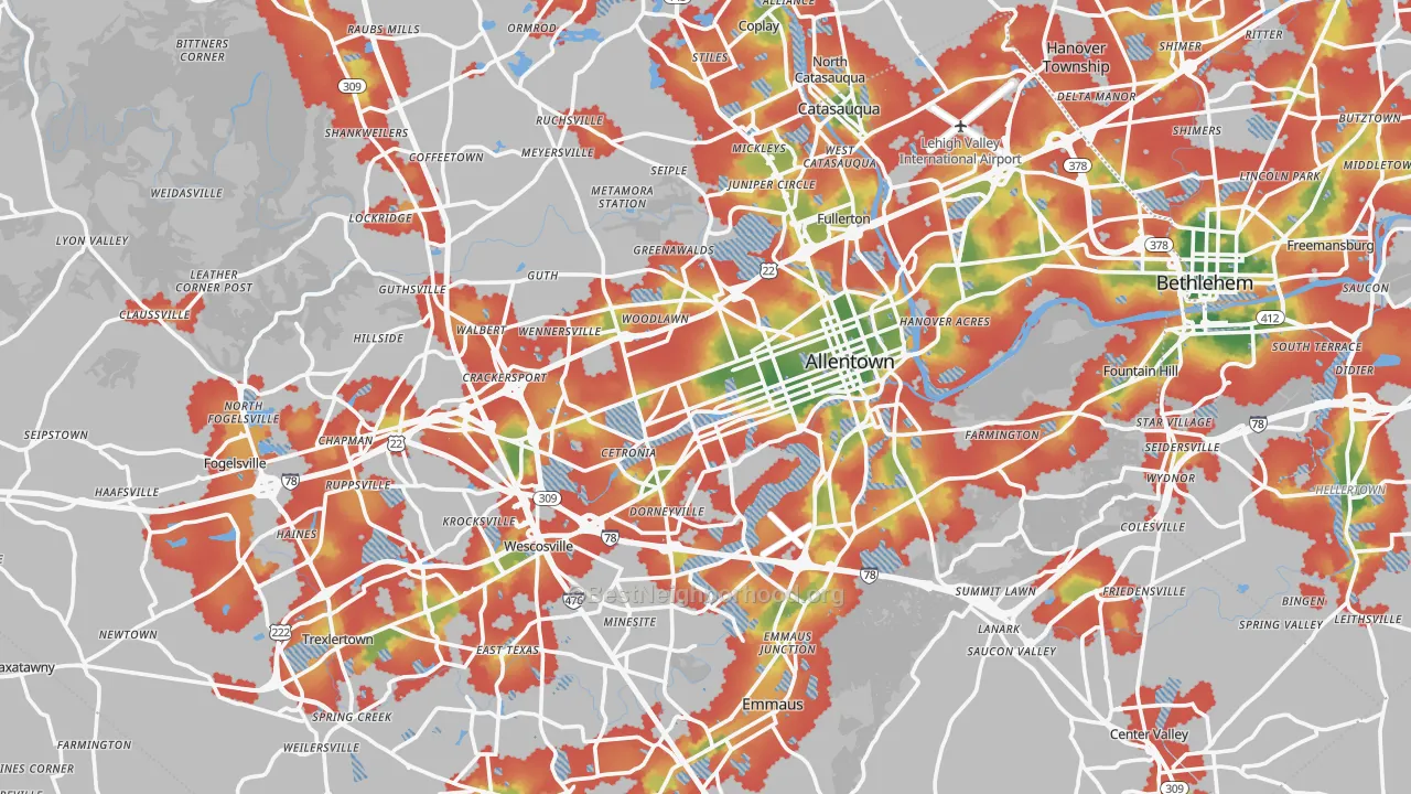 Walk Grade map of Lehigh County, PA, walkable areas in green and car-dependent areas in red