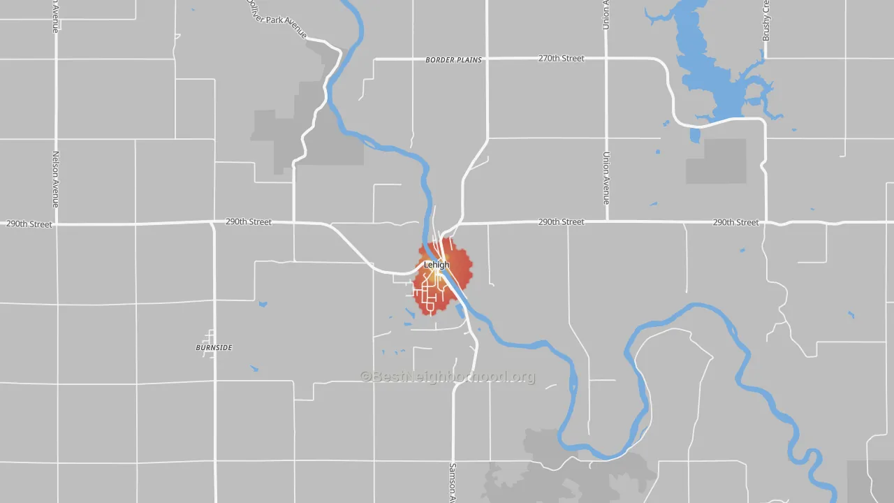 Walk Grade map of Lehigh, IA, walkable areas in green and car-dependent areas in red