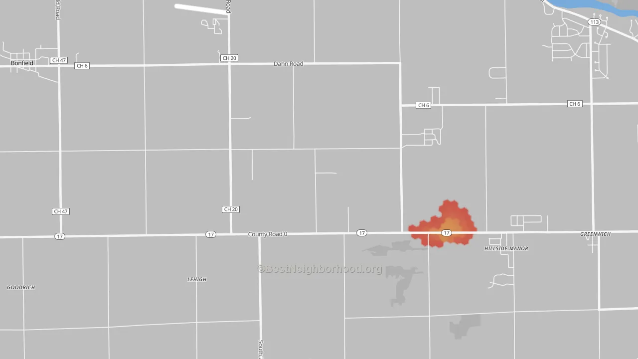 Walk Grade map of Lehigh, IL, walkable areas in green and car-dependent areas in red