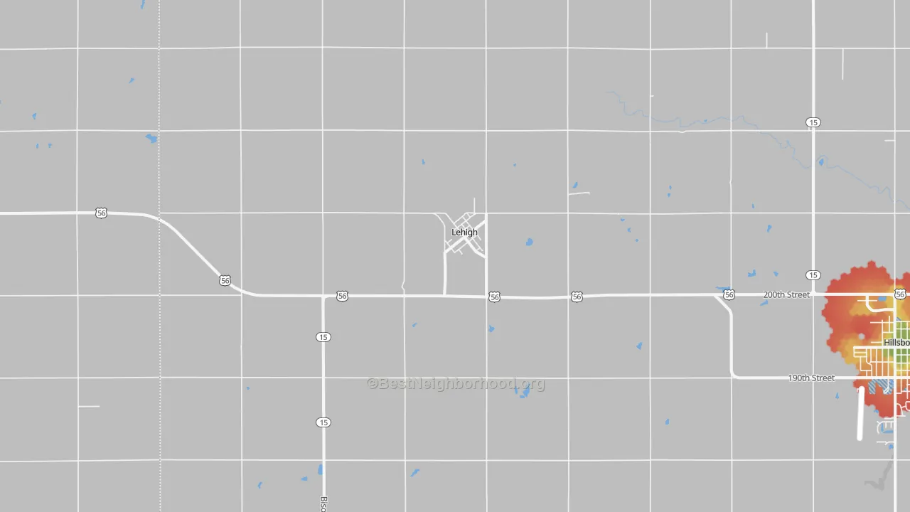 Walk Grade map of Lehigh, KS, walkable areas in green and car-dependent areas in red