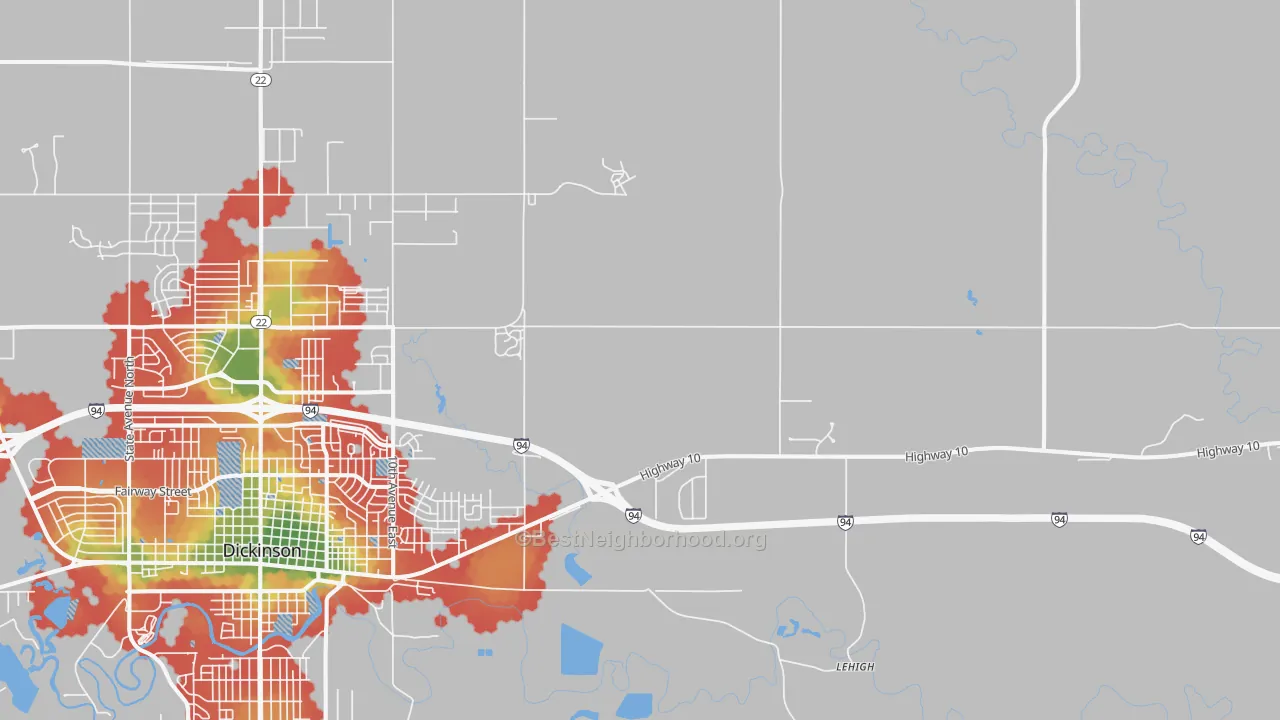 Walk Grade map of Lehigh, ND, walkable areas in green and car-dependent areas in red