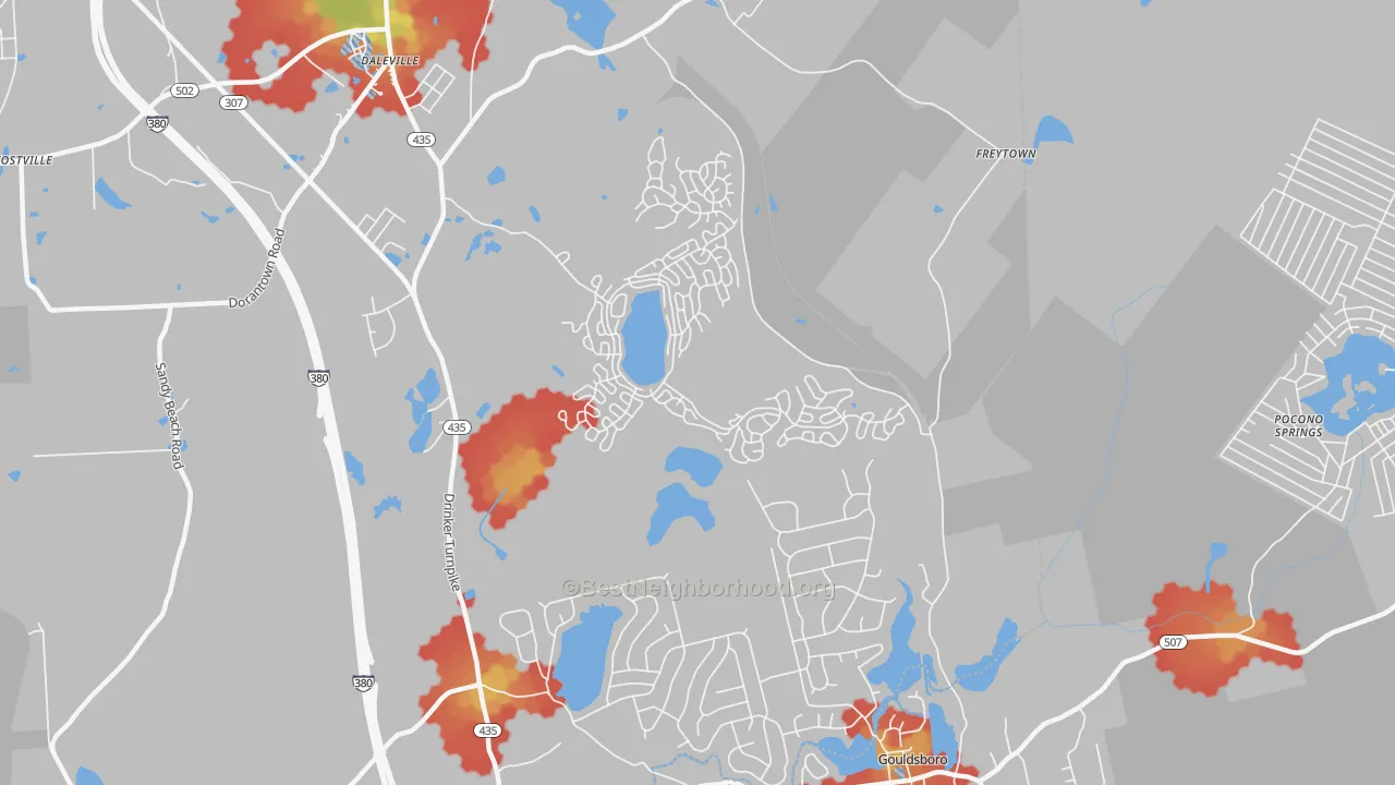 Walk Grade map of Lehigh, PA, walkable areas in green and car-dependent areas in red