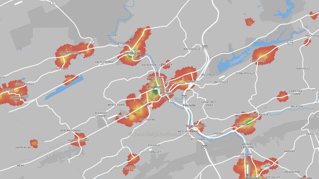 Walk Grade map of Lehighton, PA, walkable areas in green and car-dependent areas in red