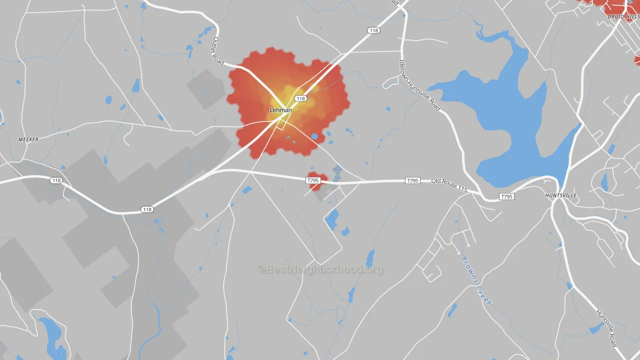 Walk Grade map of Lehman, PA, walkable areas in green and car-dependent areas in red
