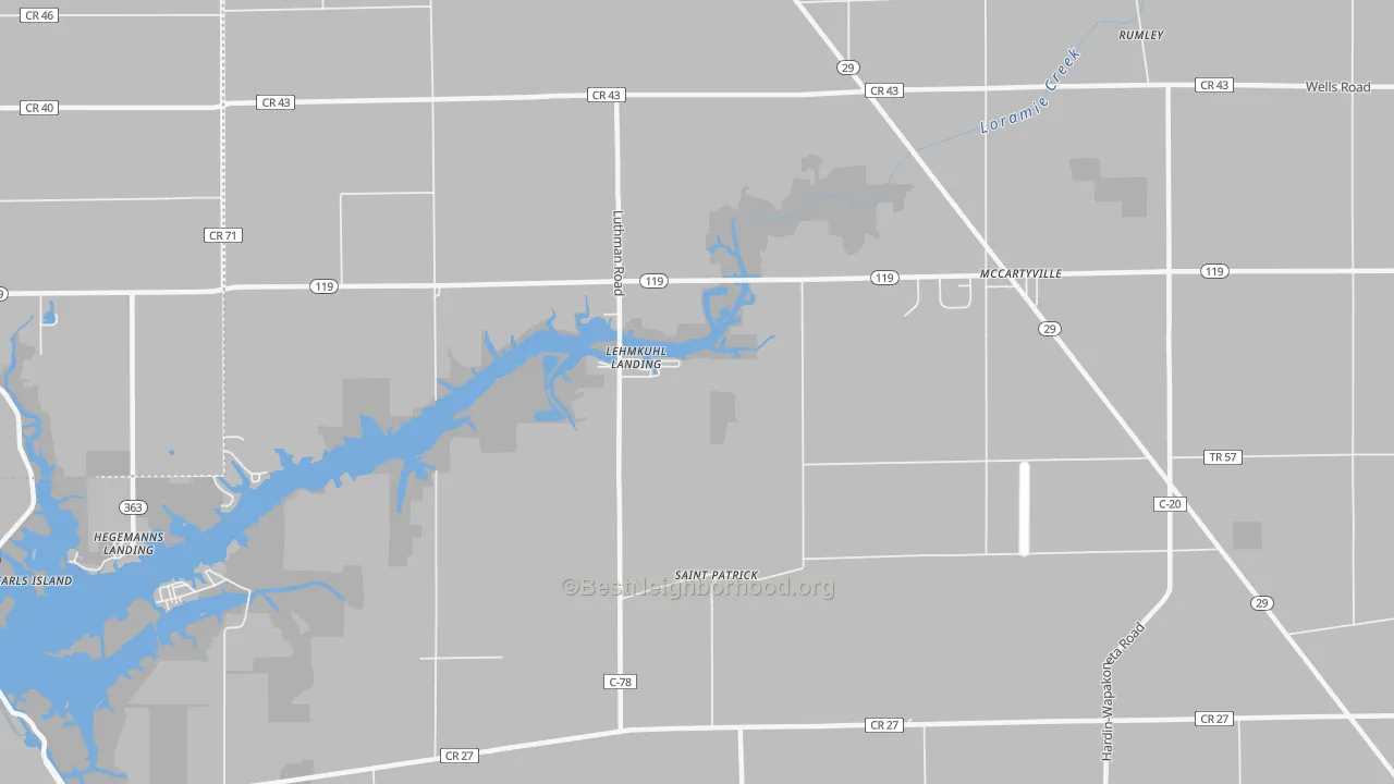 Walk Grade map of Lehmkuhl Landing, OH, walkable areas in green and car-dependent areas in red