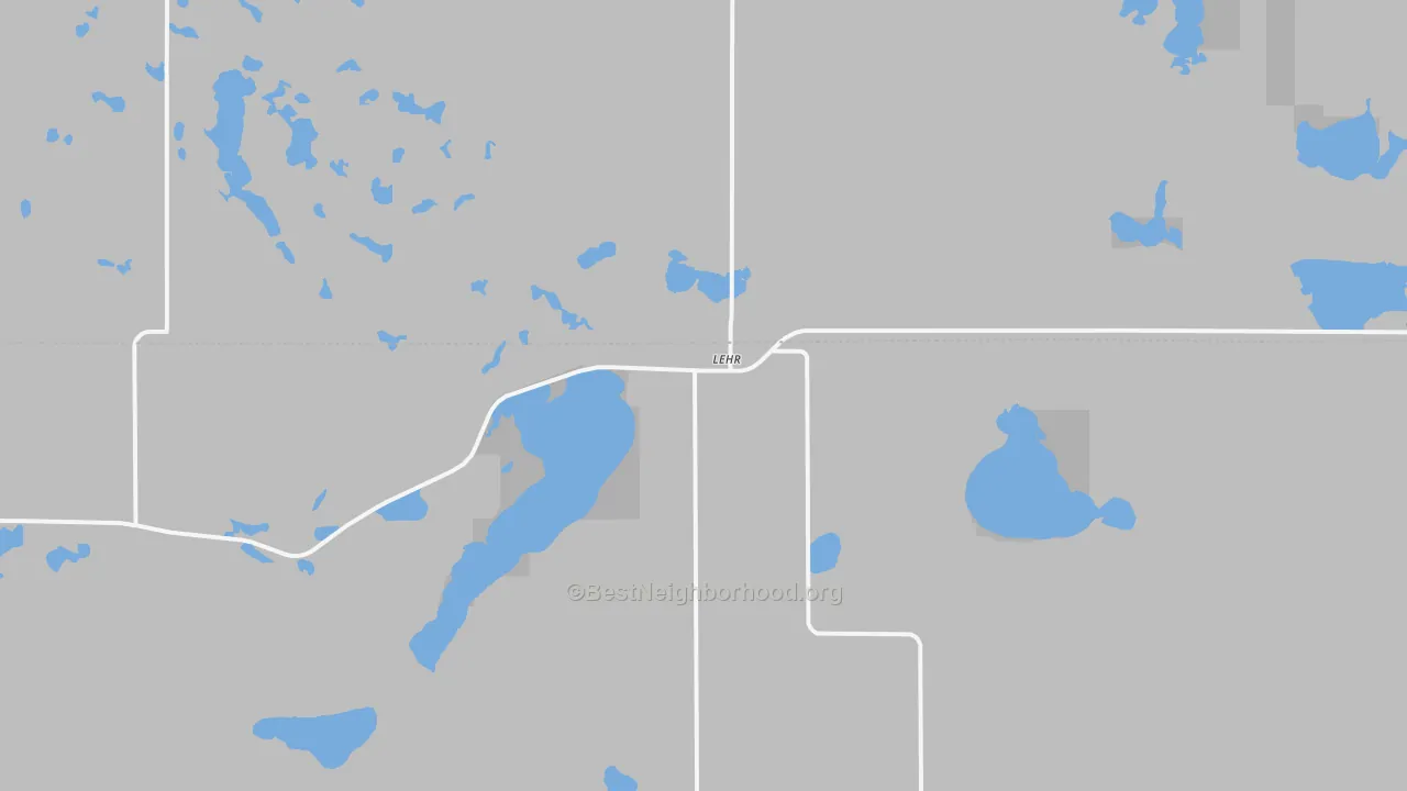 Walk Grade map of Lehr, ND, walkable areas in green and car-dependent areas in red