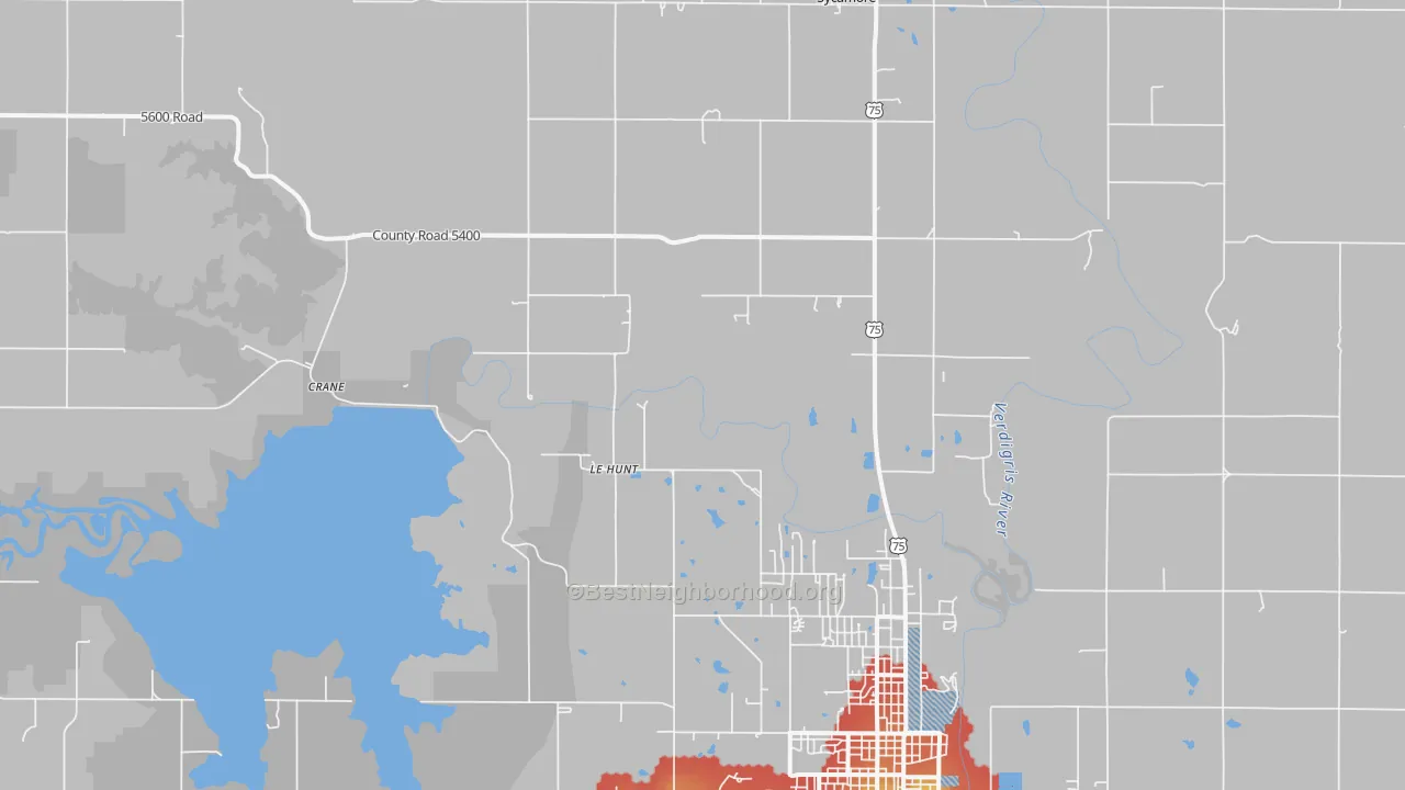 Walk Grade map of Lehunt, KS, walkable areas in green and car-dependent areas in red