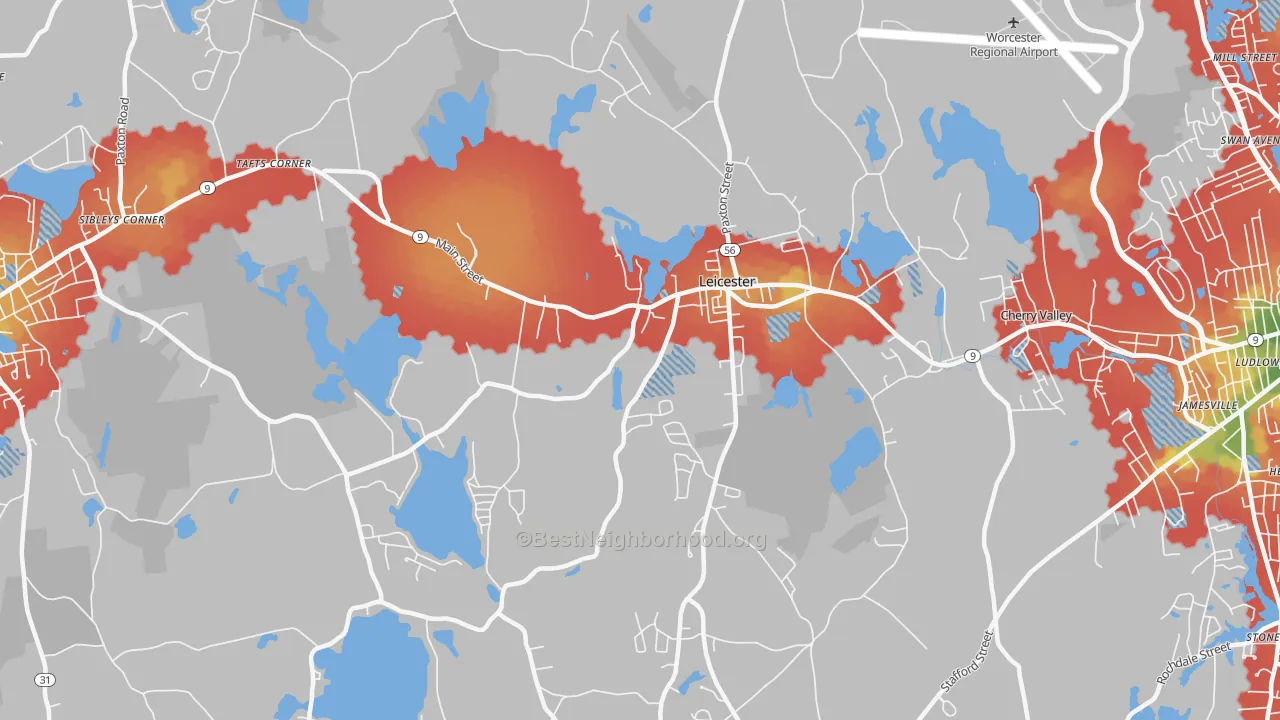 Walk Grade map of Leicester, MA, walkable areas in green and car-dependent areas in red
