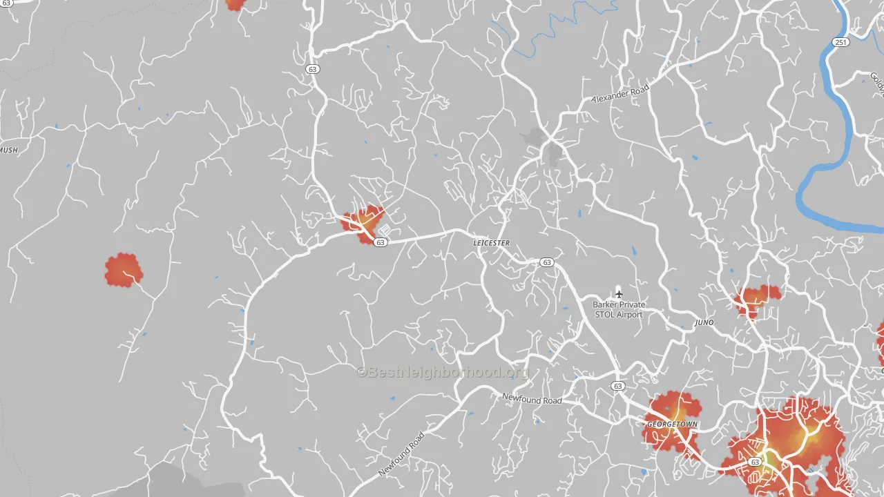Walk Grade map of Leicester, NC, walkable areas in green and car-dependent areas in red