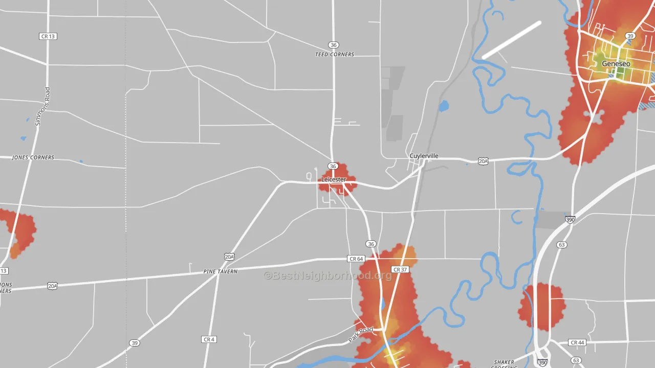 Walk Grade map of Leicester, NY, walkable areas in green and car-dependent areas in red