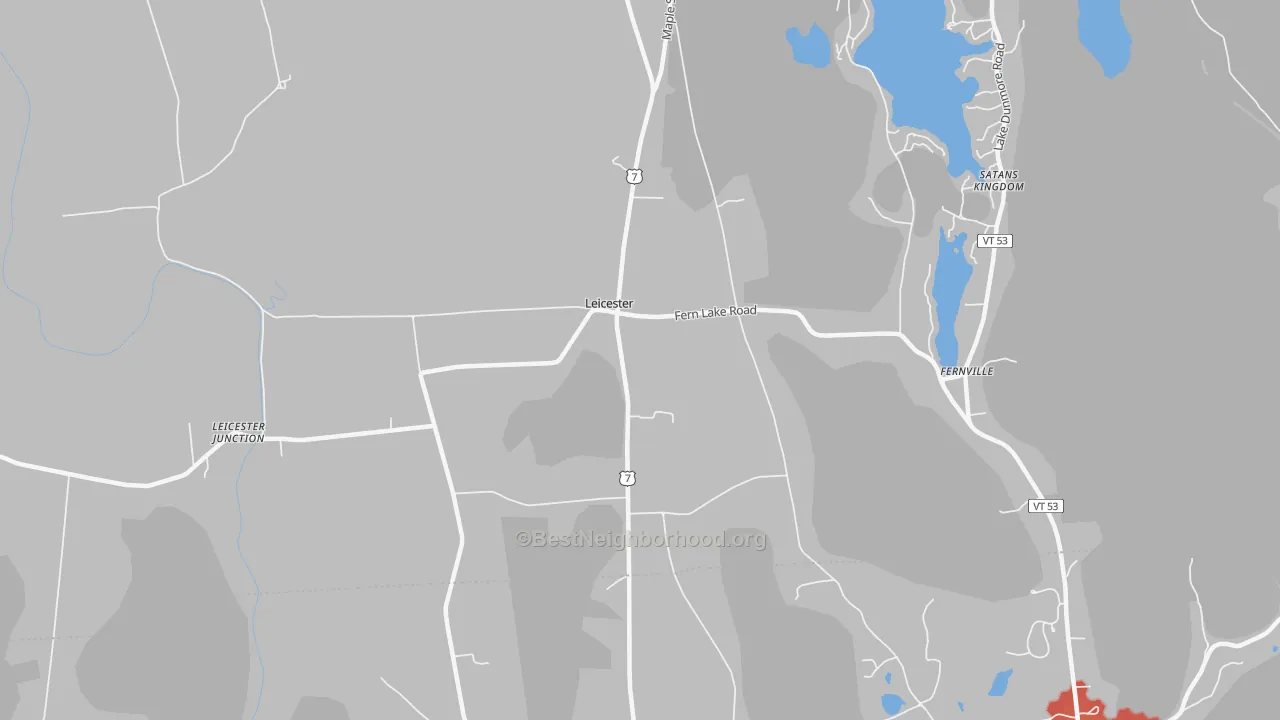 Walk Grade map of Leicester, VT, walkable areas in green and car-dependent areas in red