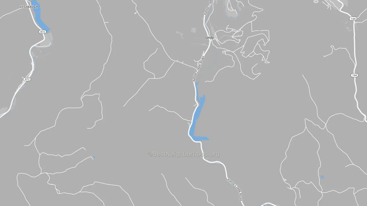 Walk Grade map of Leidy, PA, walkable areas in green and car-dependent areas in red