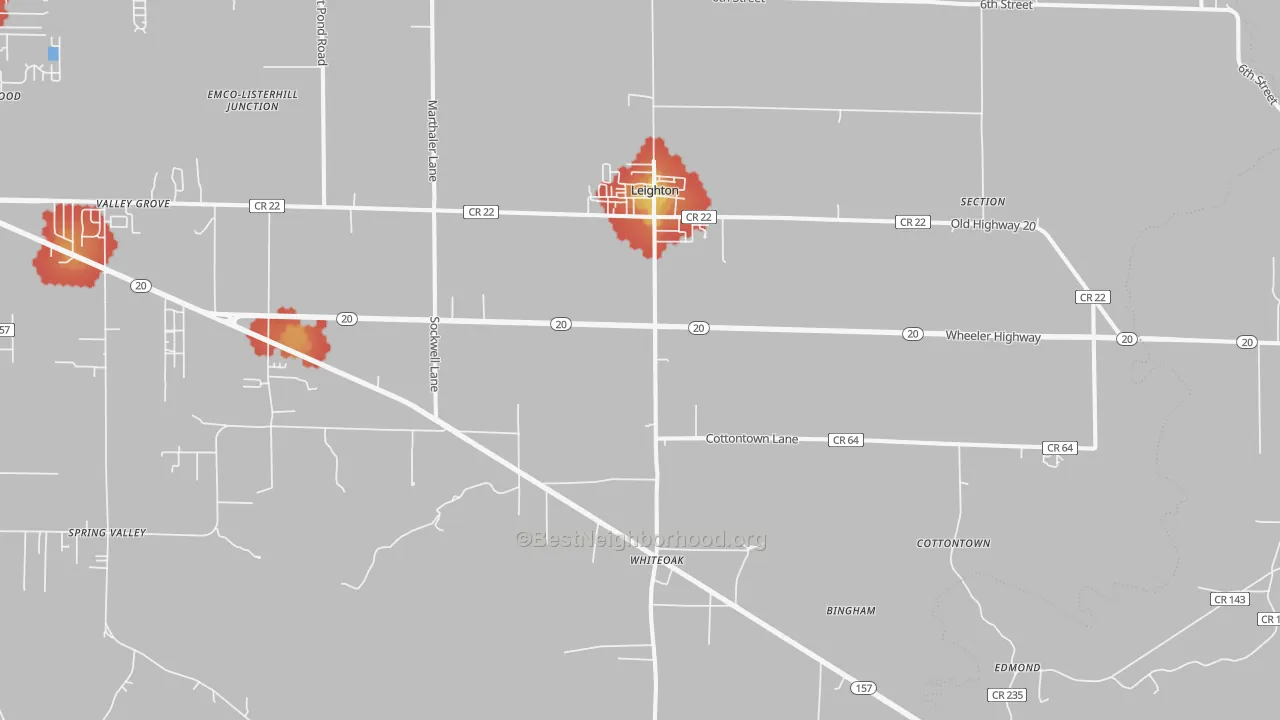Walk Grade map of Leighton, AL, walkable areas in green and car-dependent areas in red