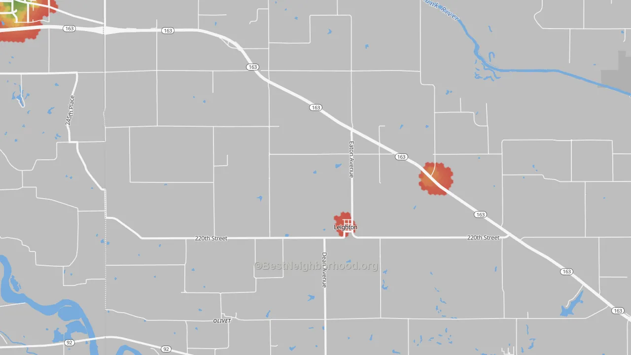 Walk Grade map of Leighton, IA, walkable areas in green and car-dependent areas in red