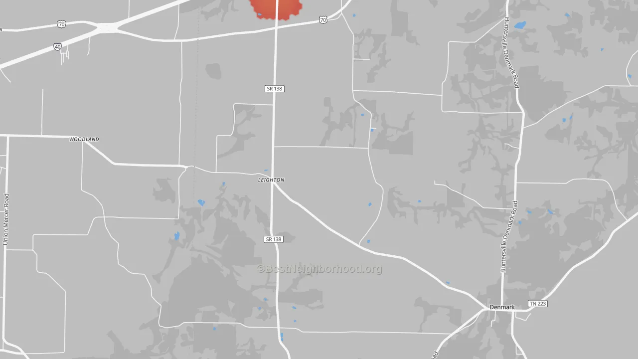 Walk Grade map of Leighton, TN, walkable areas in green and car-dependent areas in red