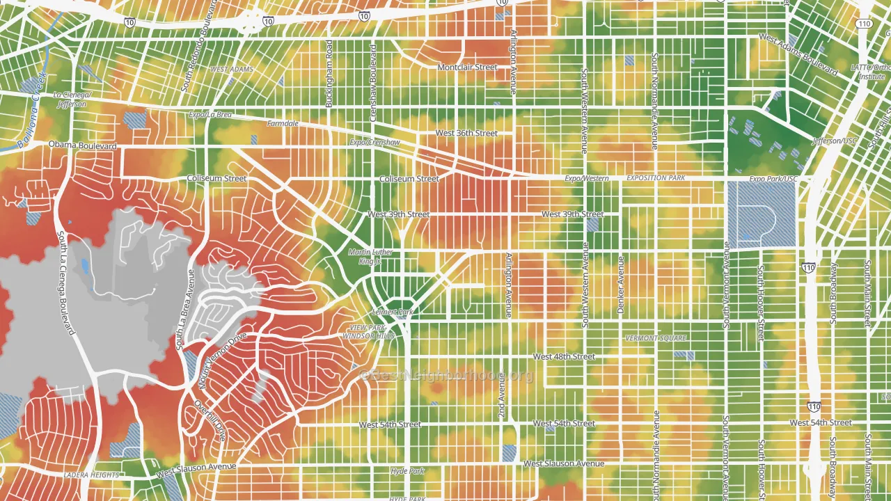 Walk Grade map of Leimert Park, Los Angeles, CA, walkable areas in green and car-dependent areas in red