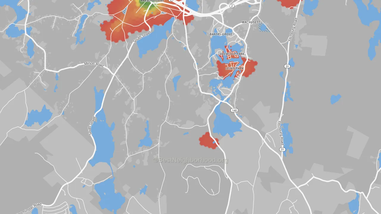 Walk Grade map of Leino Park, MA, walkable areas in green and car-dependent areas in red