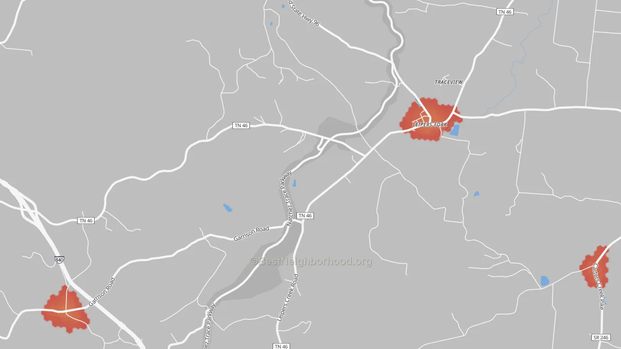 Walk Grade map of Leipers Fork, TN, walkable areas in green and car-dependent areas in red