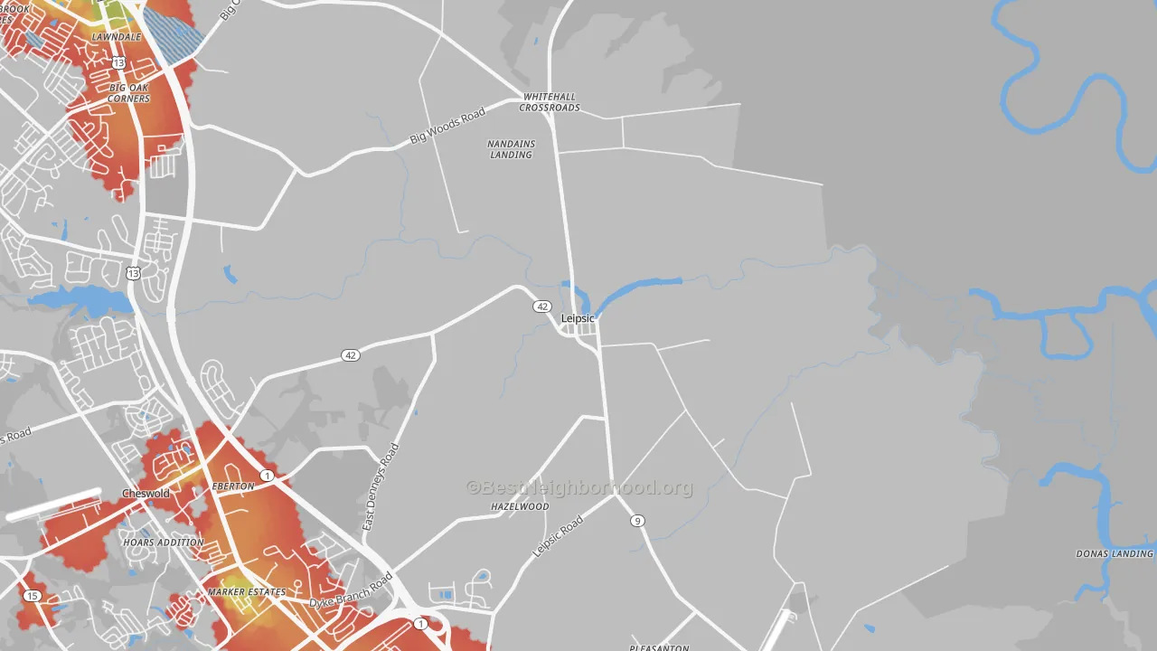 Walk Grade map of Leipsic, DE, walkable areas in green and car-dependent areas in red