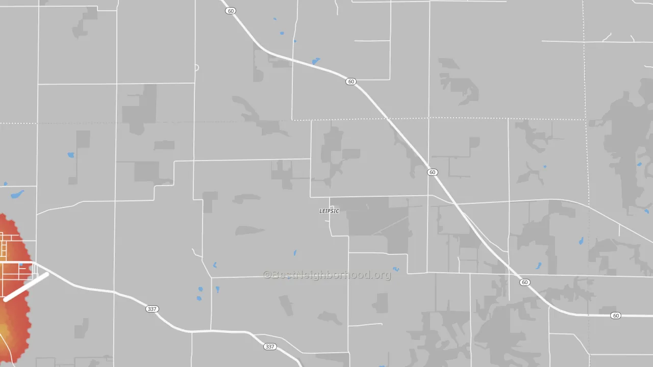 Walk Grade map of Leipsic, IN, walkable areas in green and car-dependent areas in red