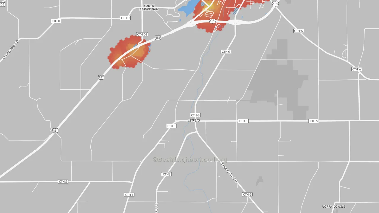Walk Grade map of Leipsig, WI, walkable areas in green and car-dependent areas in red