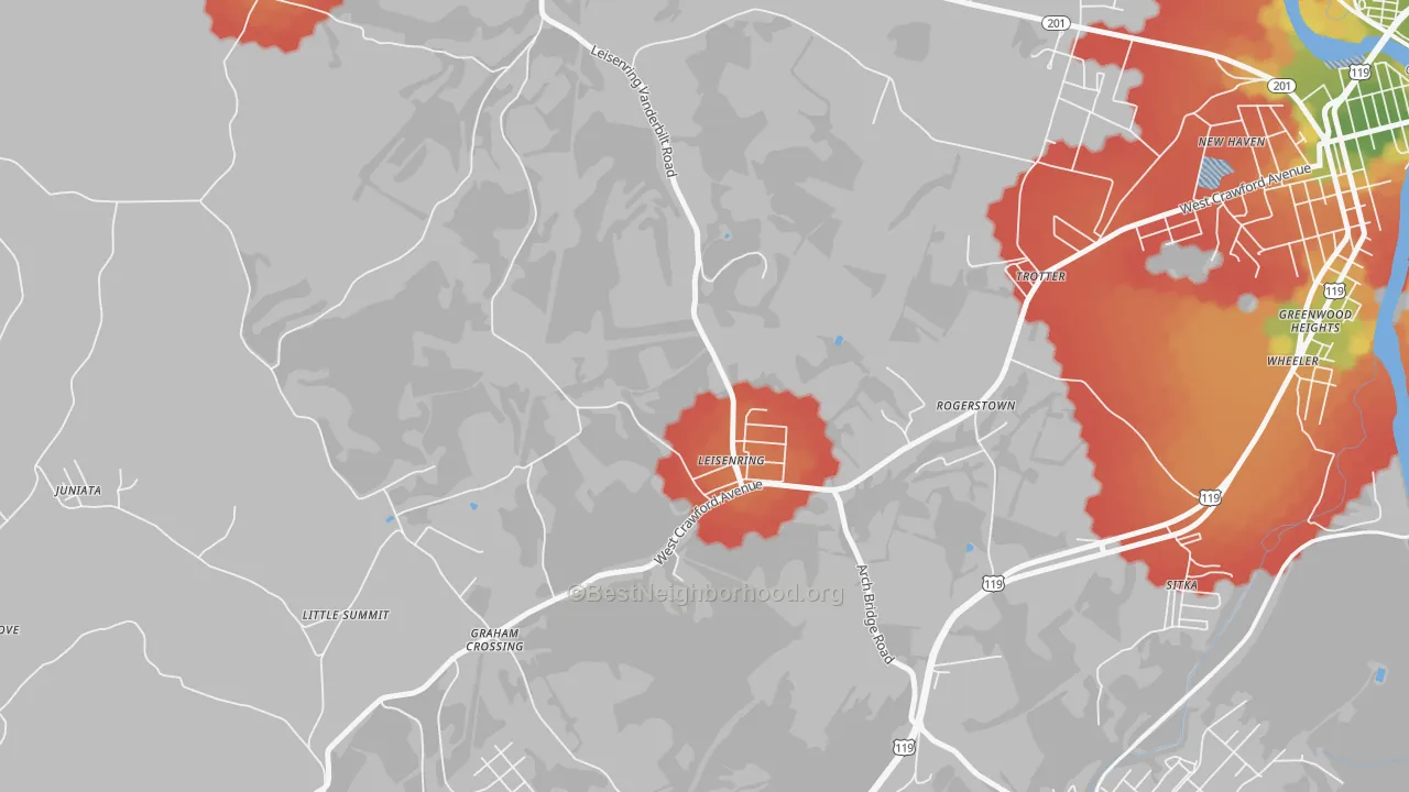Walk Grade map of Leisenring, PA, walkable areas in green and car-dependent areas in red
