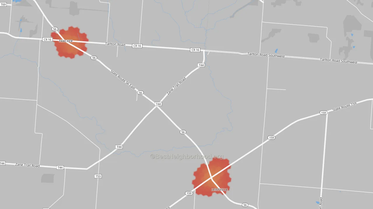 Walk Grade map of Leistville, OH, walkable areas in green and car-dependent areas in red