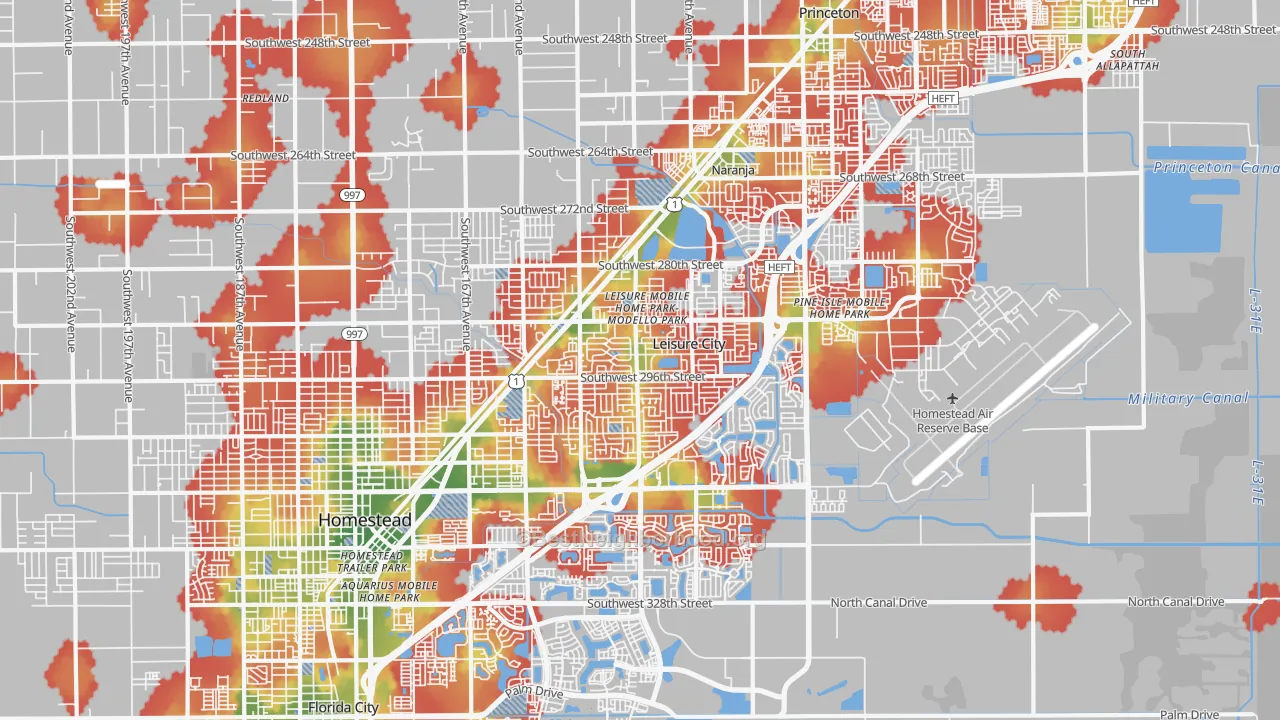Walk Grade map of Leisure City, FL, walkable areas in green and car-dependent areas in red