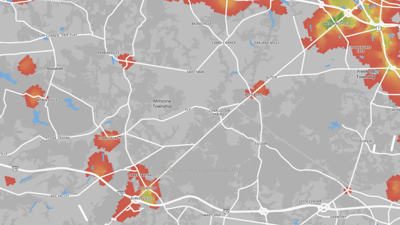 Walk Grade map of Leisure Knoll, NJ, walkable areas in green and car-dependent areas in red